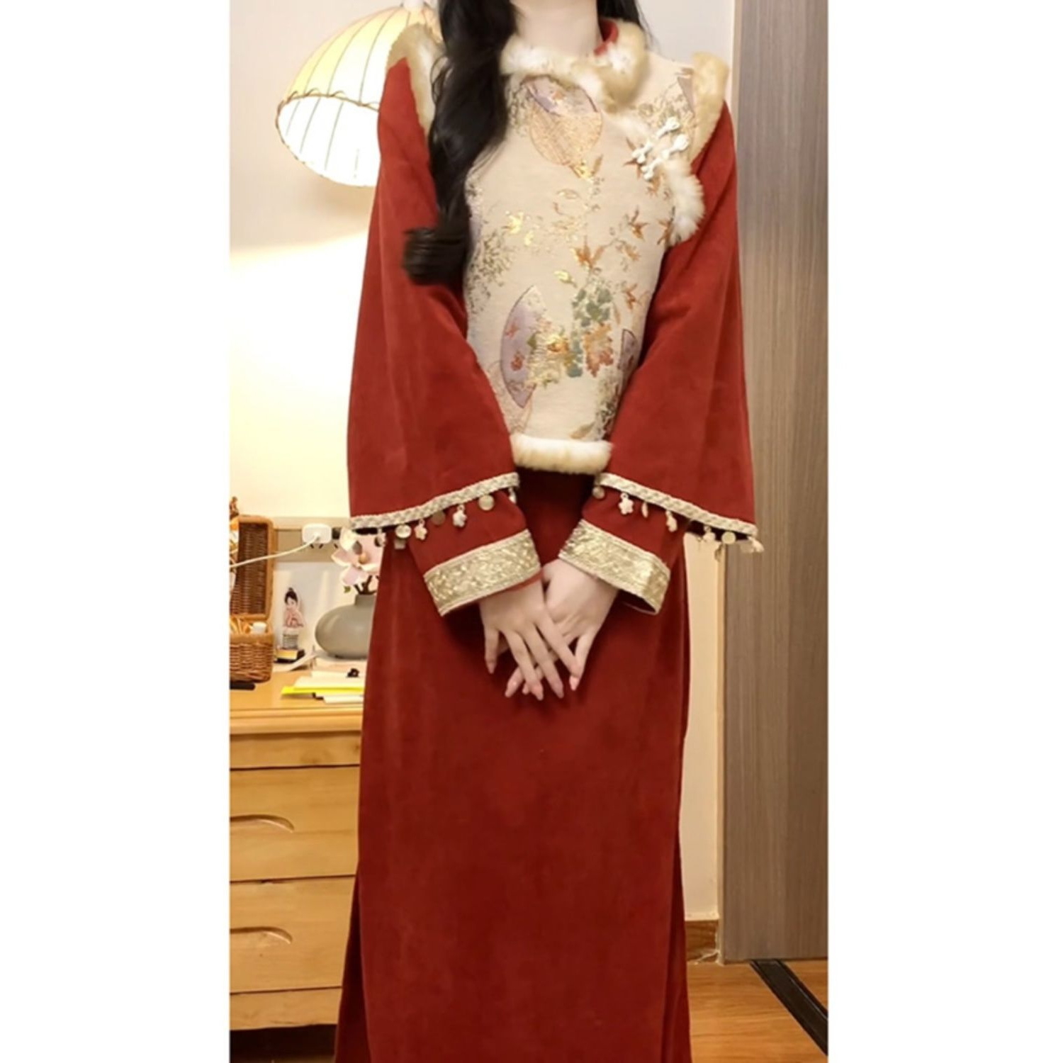 K2024秋冬新中式复古国风改良马甲旗袍裙两件套红色过年收腰连衣