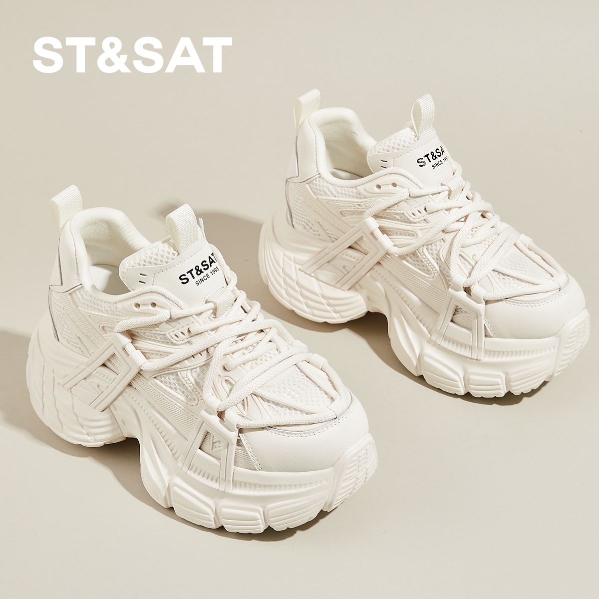星期六白色老爹鞋女2025新款夏季透气厚底8.2cm小个子增高运动鞋