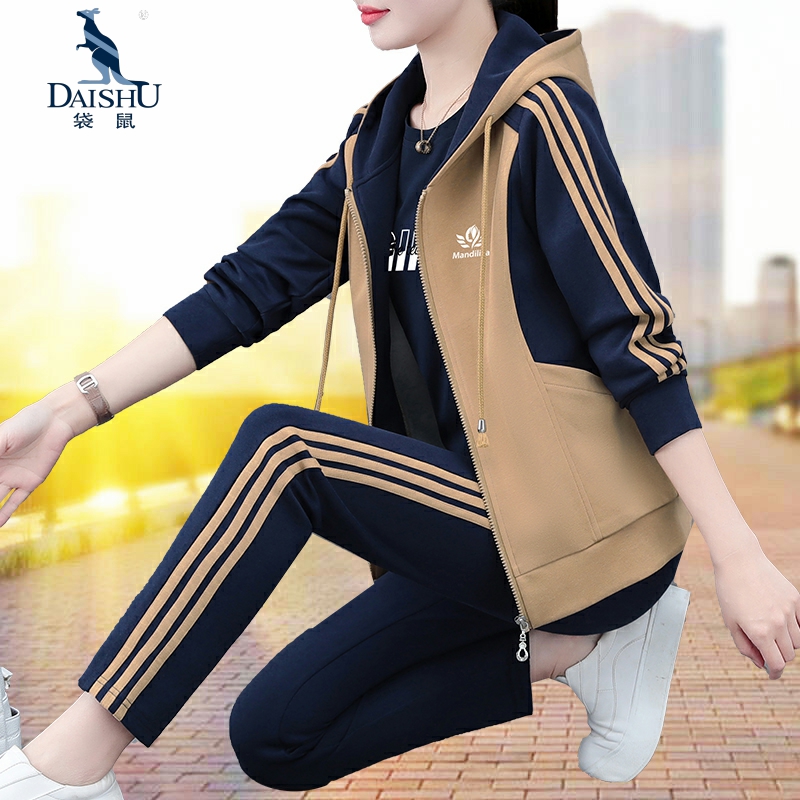 袋鼠运动服套装女春秋季2025新款宽松广场舞时尚休闲服连帽三件套