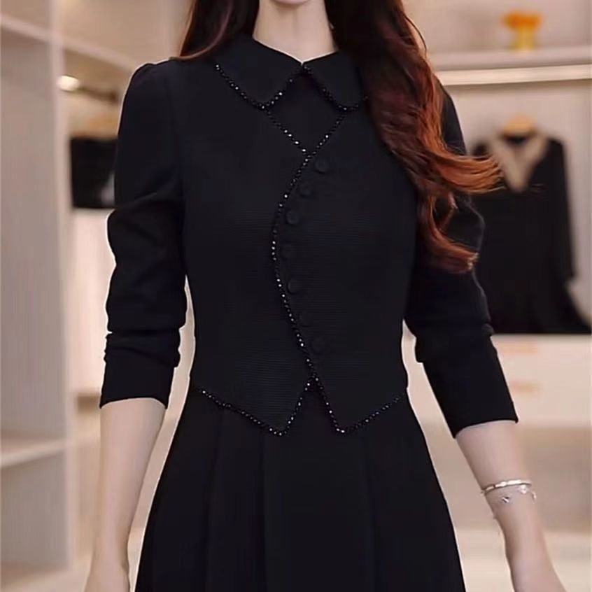 时尚新款高级气质优雅假两件连衣裙秋季新款高腰遮肉