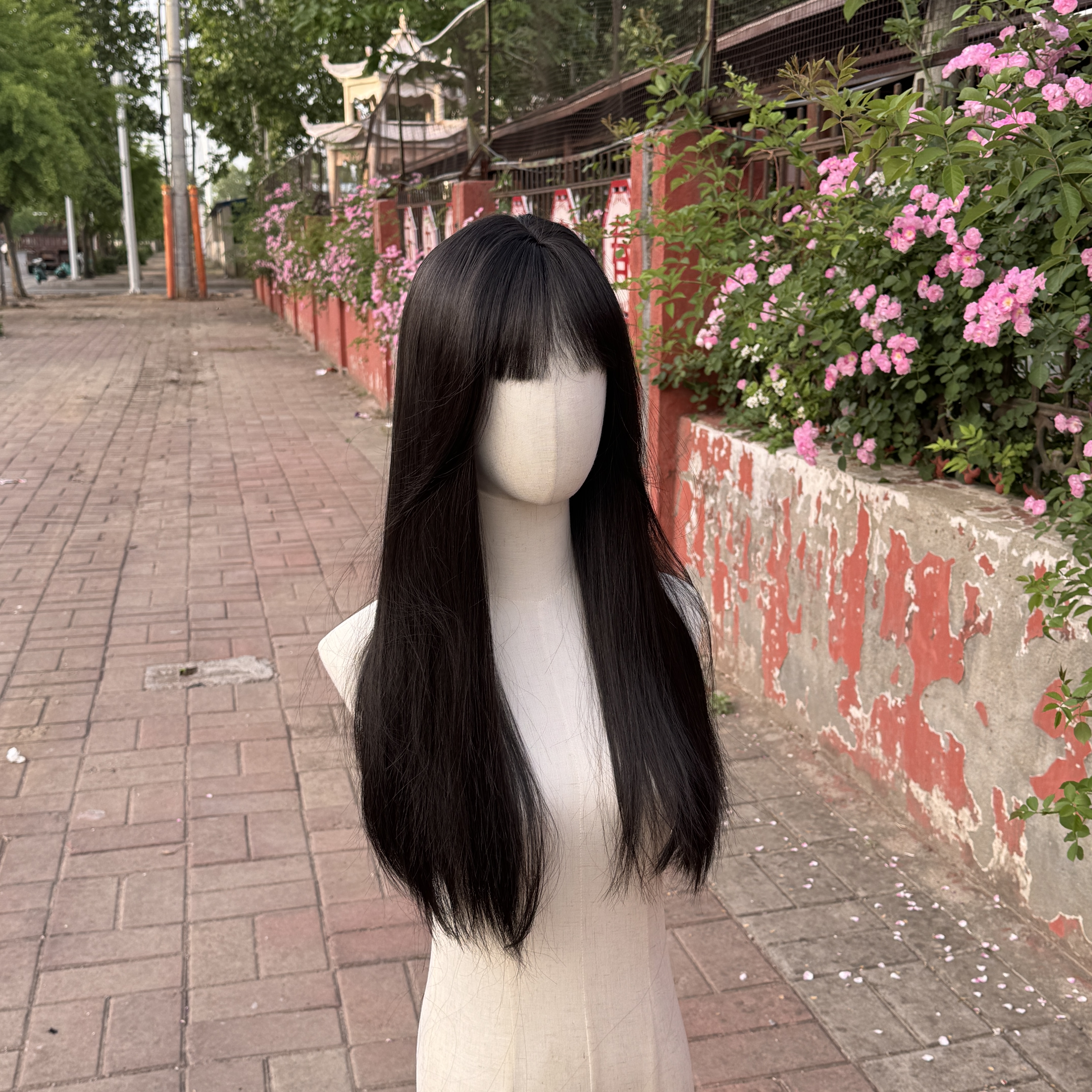 富江款女用全头套假发自然无痕韩系齐刘海黑长直整顶假发