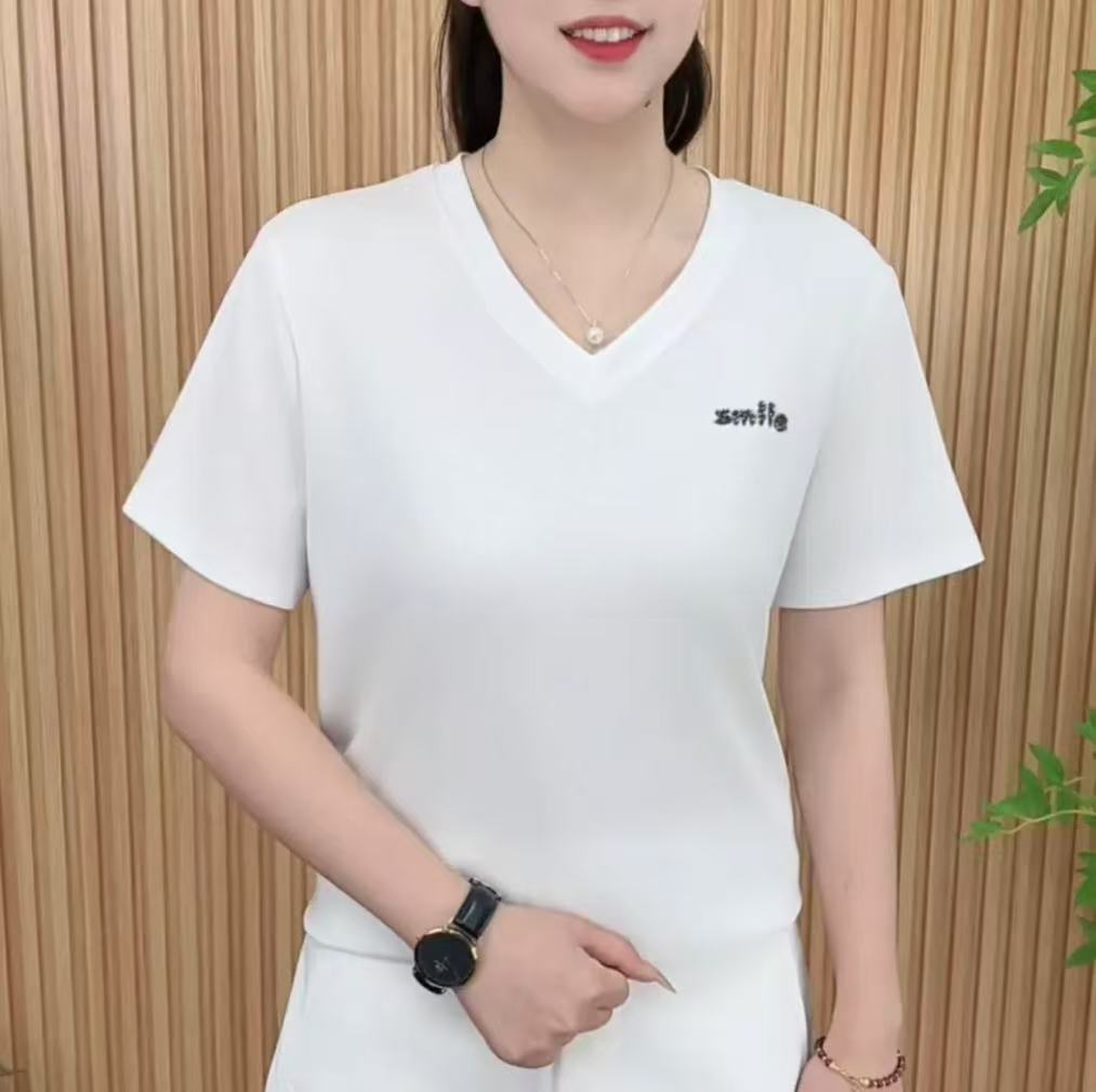 2025夏季新款女款短袖v领字母印花