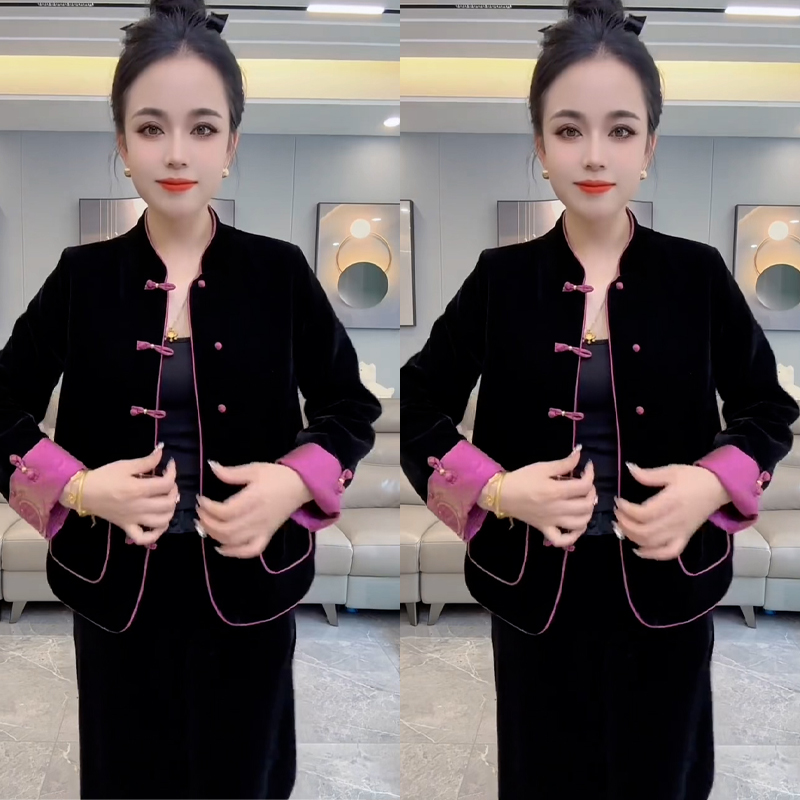 拼接撞色丝绒唐装外套女士春季新款立领拼色设计百搭国潮风上衣潮