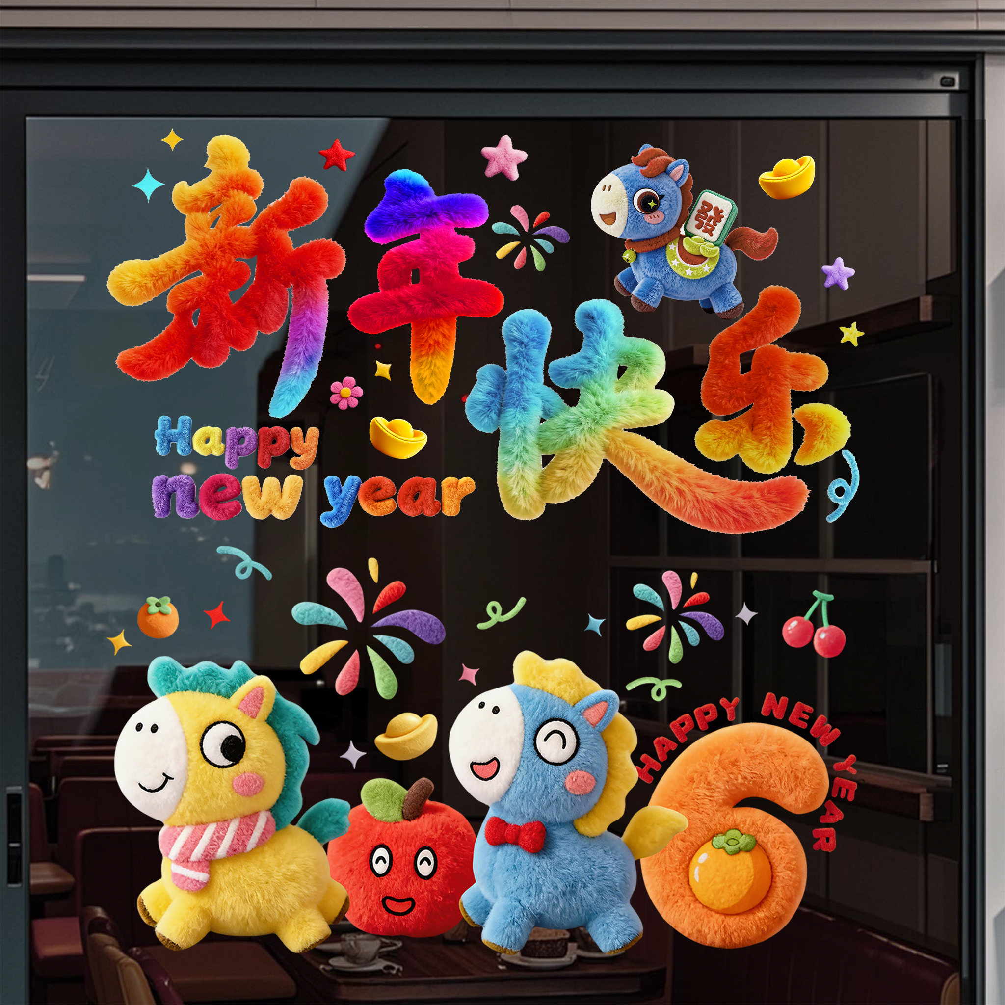 两只小马2026「裸眼5D」毛绒视觉质感可爱小马双旦装饰橱窗玻璃装饰