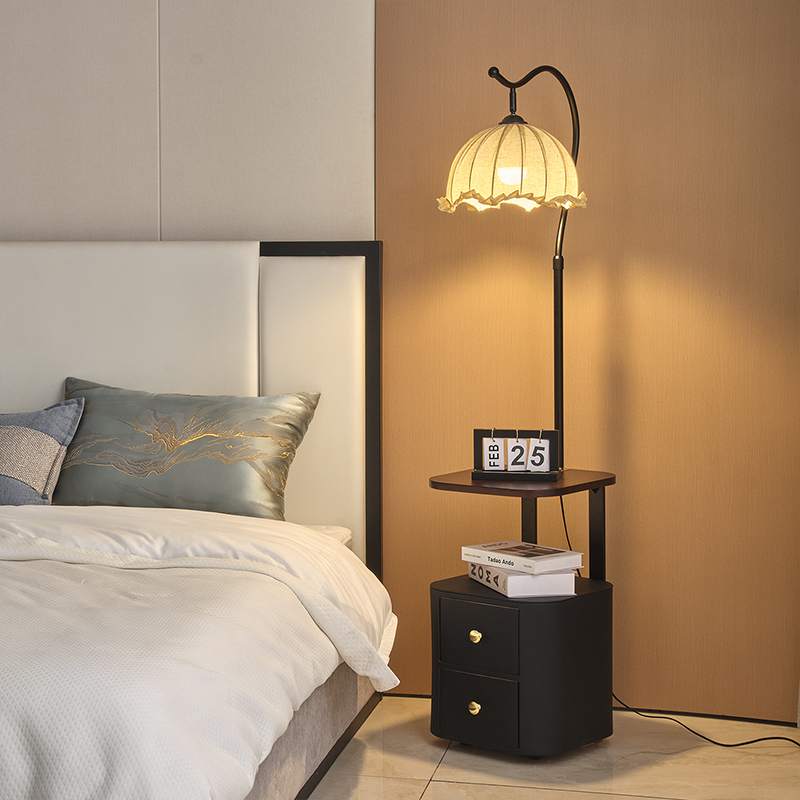 Bersur落地灯床头柜卧室边几充电中古风置物架储物柜台灯一体