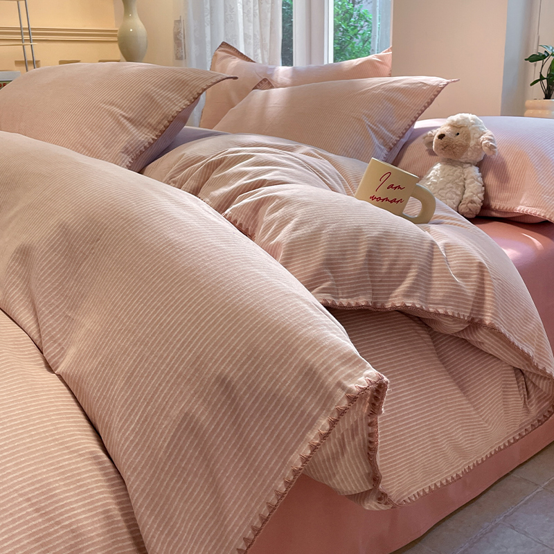 纯棉加厚单人全棉磨毛四件套床单贝壳边简约纯色学生宿舍床上用品