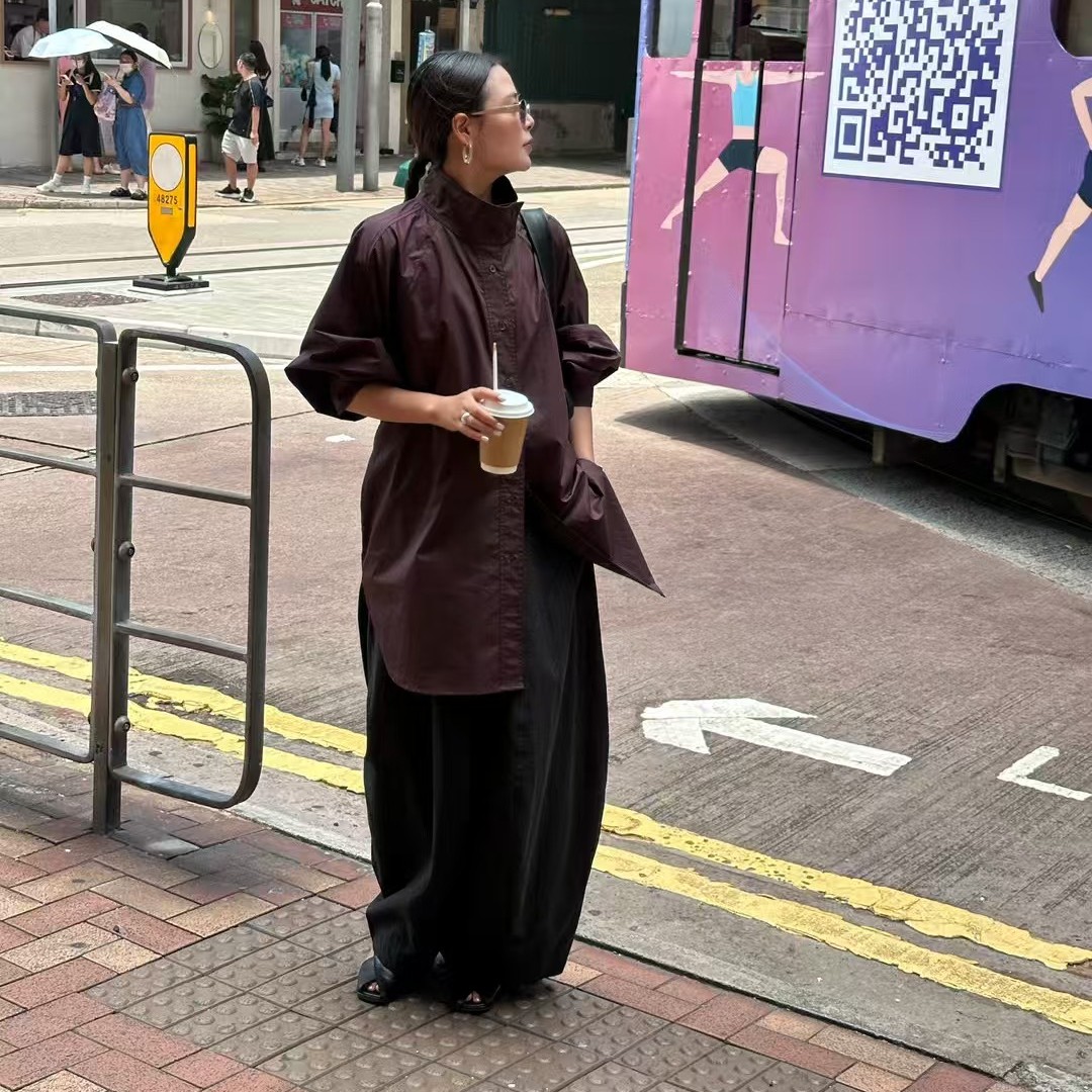 M FIVE立领长袖衬衫女宽松中长款2025秋新款涂层棉腰带款衬衣3934