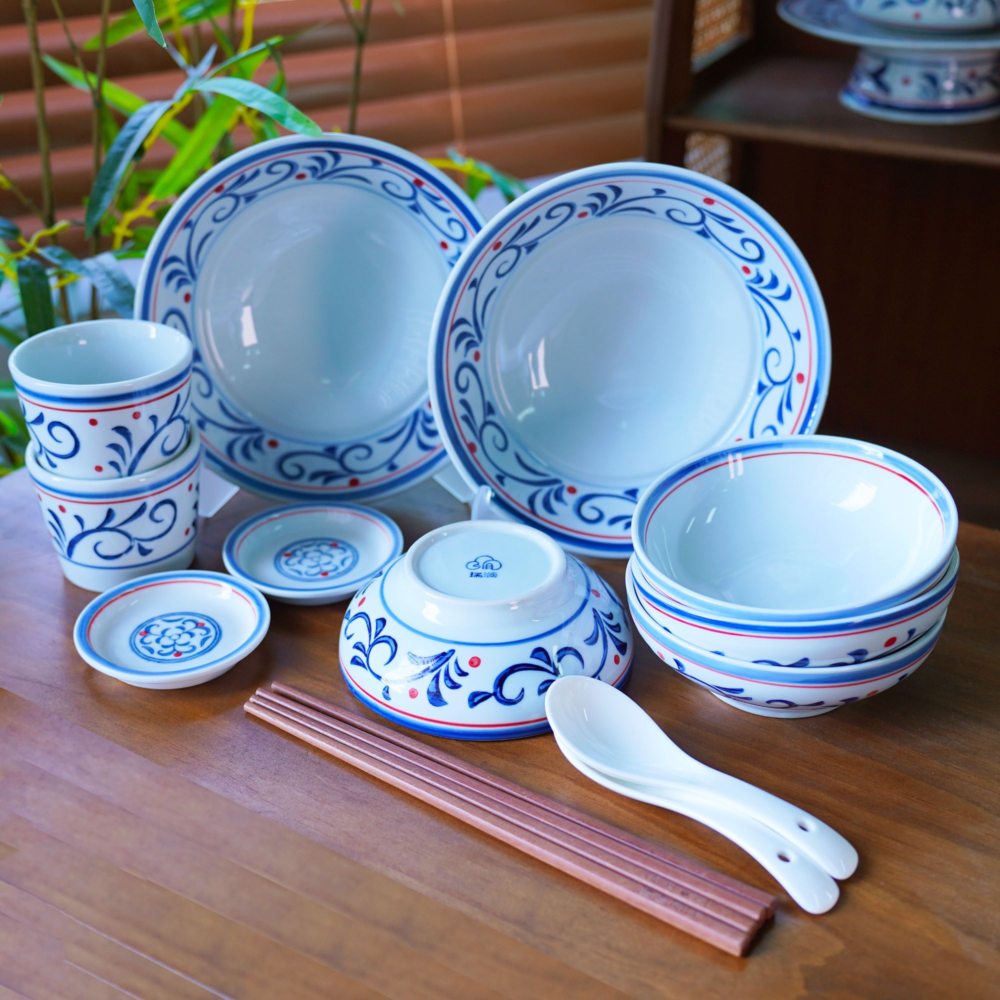 RIGEIAN/瑞涧【7件+8件】红豆卷草套装波波元宝 釉下彩中国风圆形