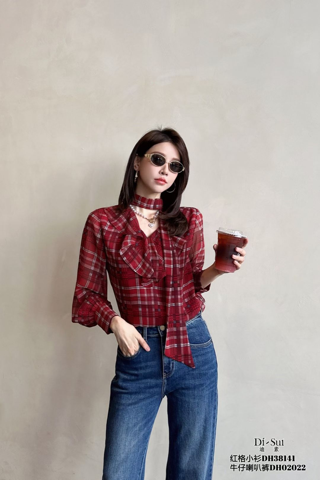 【小韩家】欧货2025秋冬新款领系带荷叶边百搭长袖格子衬衣