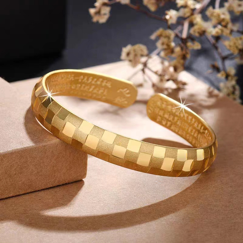 古法心经复古格子手镯 女款铜镀金开口手环摆摊货源批发