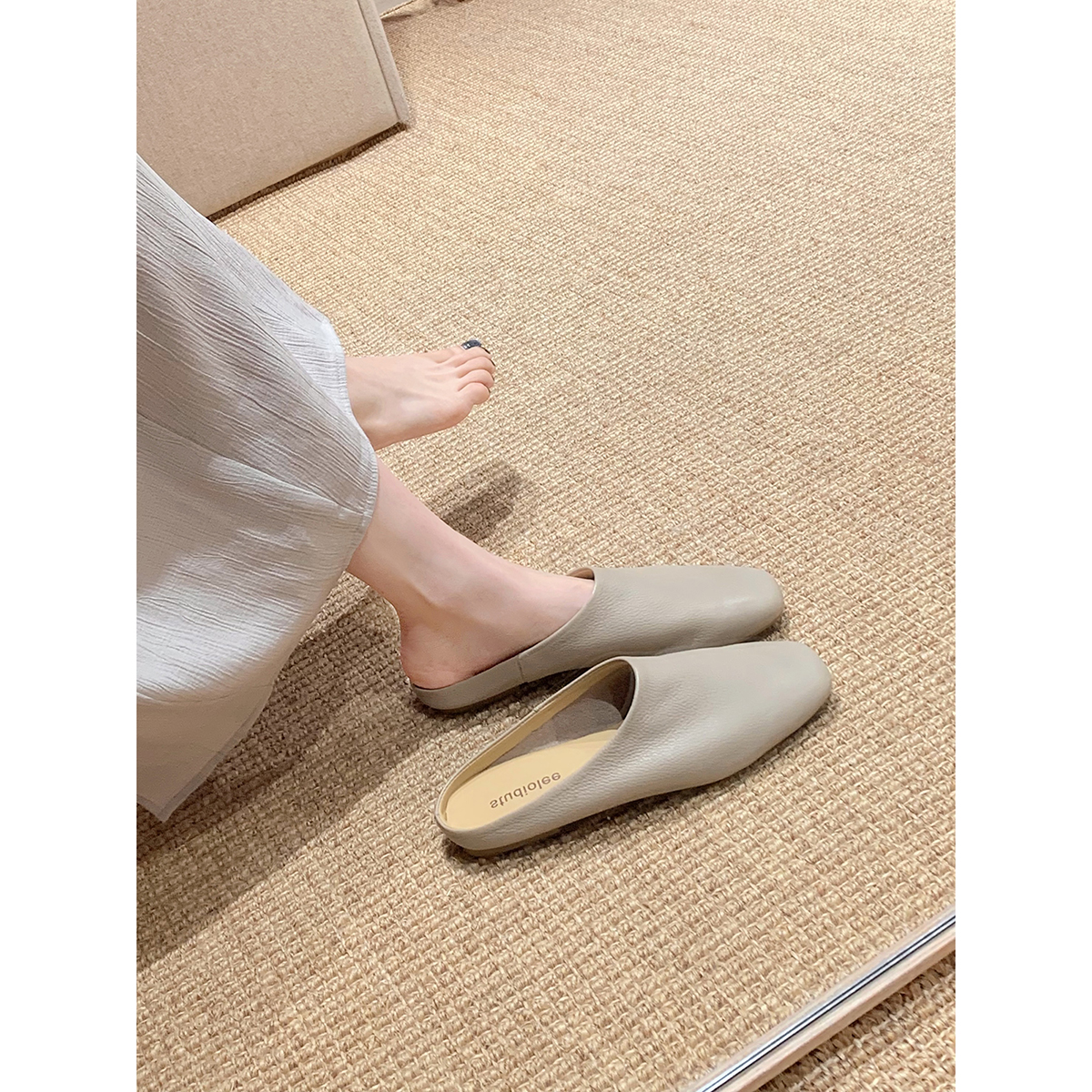 软面真皮~牛皮懒人一脚蹬舒适包头平底时尚小众穆勒半拖鞋女春夏