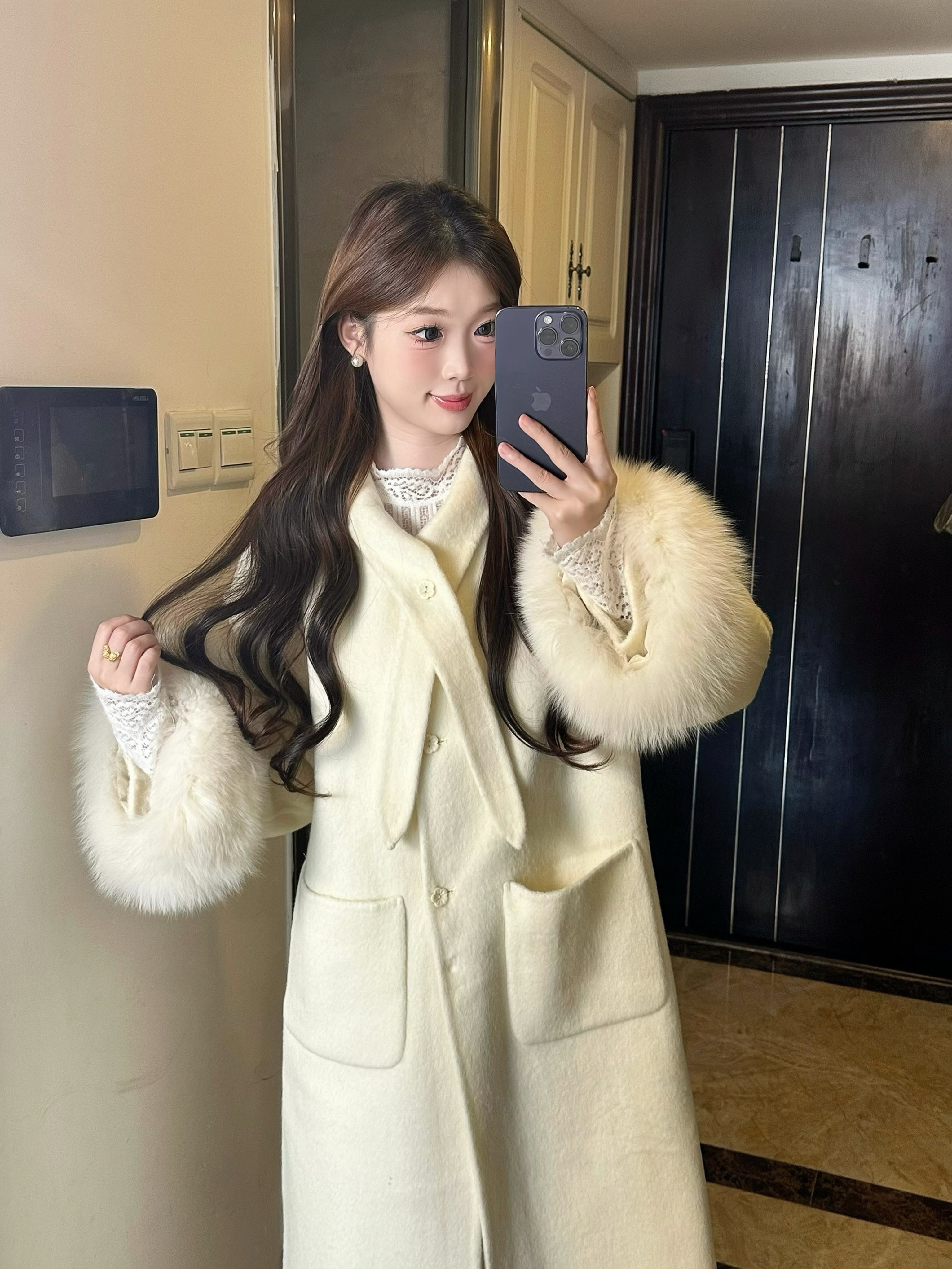 秋冬新款中长款领口系带狐狸毛袖羊毛大衣外套AW1021