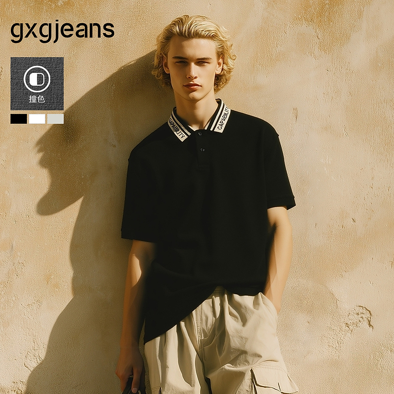 gxg.jeans男装 多色休闲字母提花翻领男式POLO衫男短袖 25夏新品