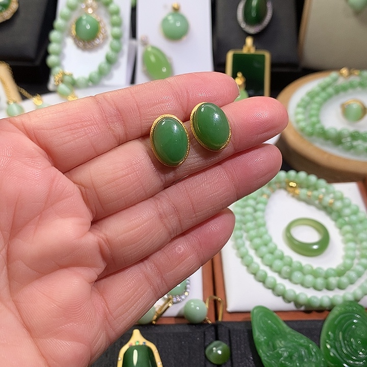 银S925镶嵌和田玉（碧玉）耳饰