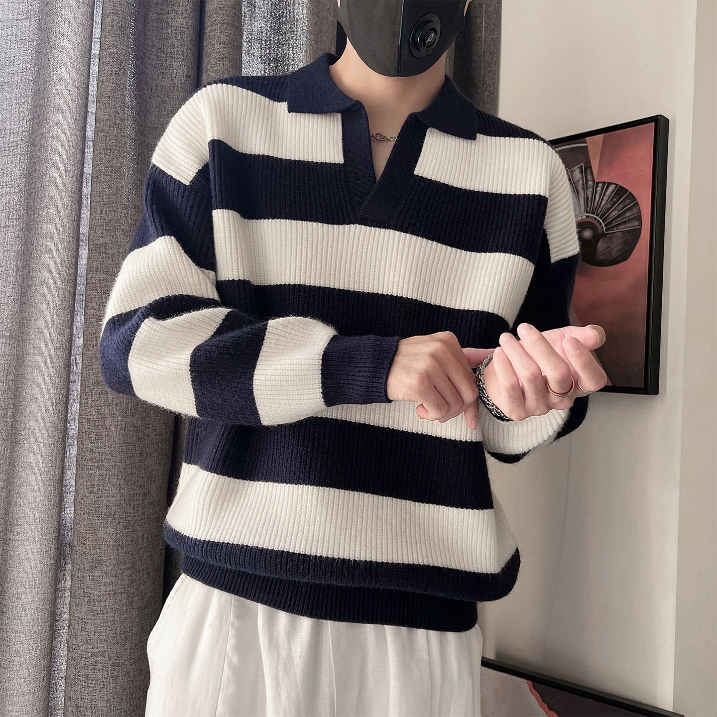条纹毛衣男士春秋款2025新款爆款V领针织衫冬装内搭打底线衣外套