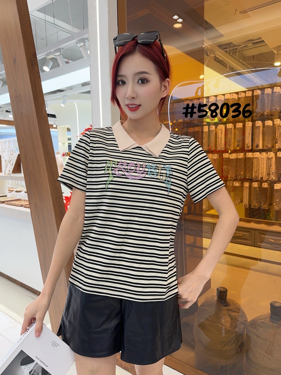 休闲风印花常规款轻职风短袖女款T恤翻领5836