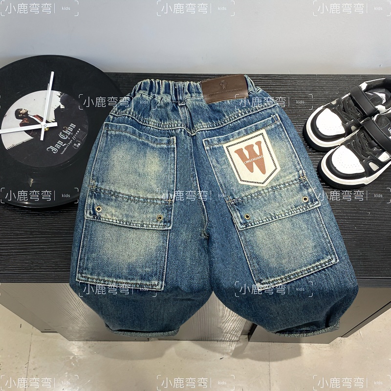 Q777秋季儿童新款后袋W字母牛仔长裤