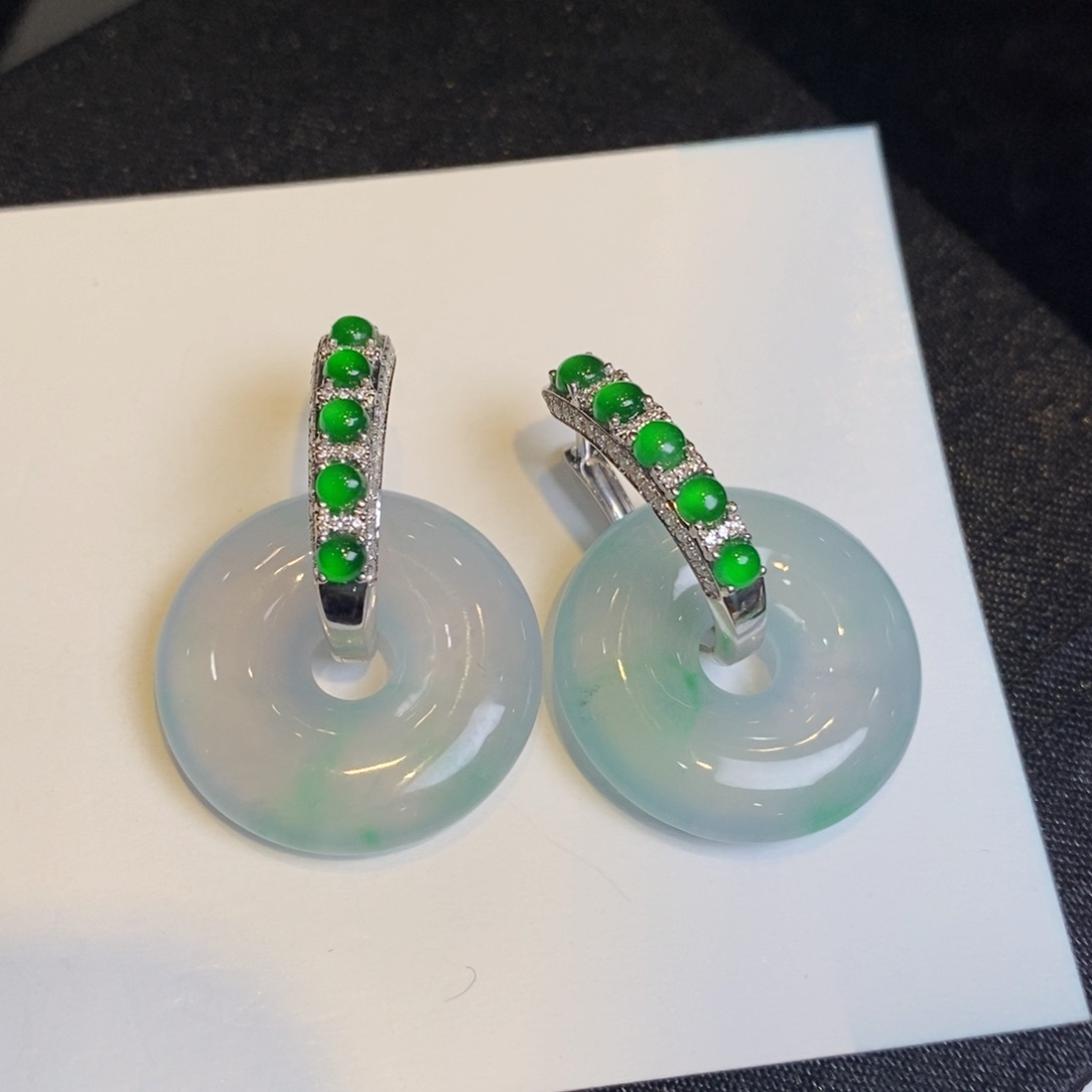 翡翠耳饰18K金镶嵌设计款蛋面耳包➕甜甜圈