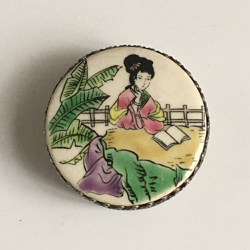 （02c）创汇出口白铜鎏银镶嵌手绘彩绘仕女老瓷板画老货旧藏文玩