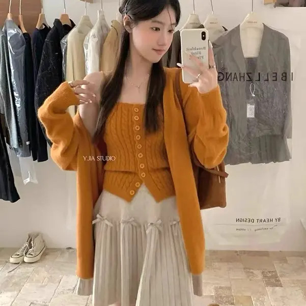 秋季韩系慵懒风麻花针织两件套装背心 v领宽松简约纯色开衫外套女