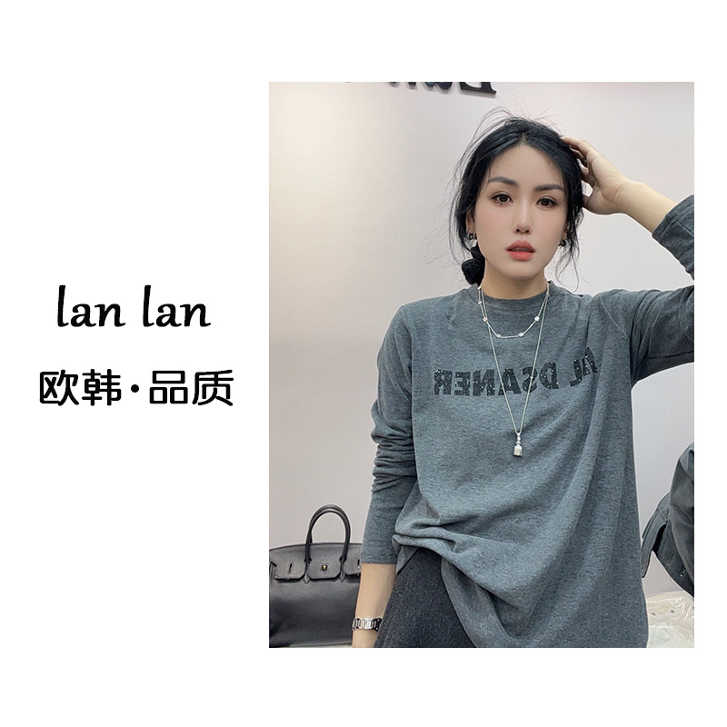 lanlan-冬上新【加绒水钻字母T恤】韩版加绒时尚圆领长袖水钻字母