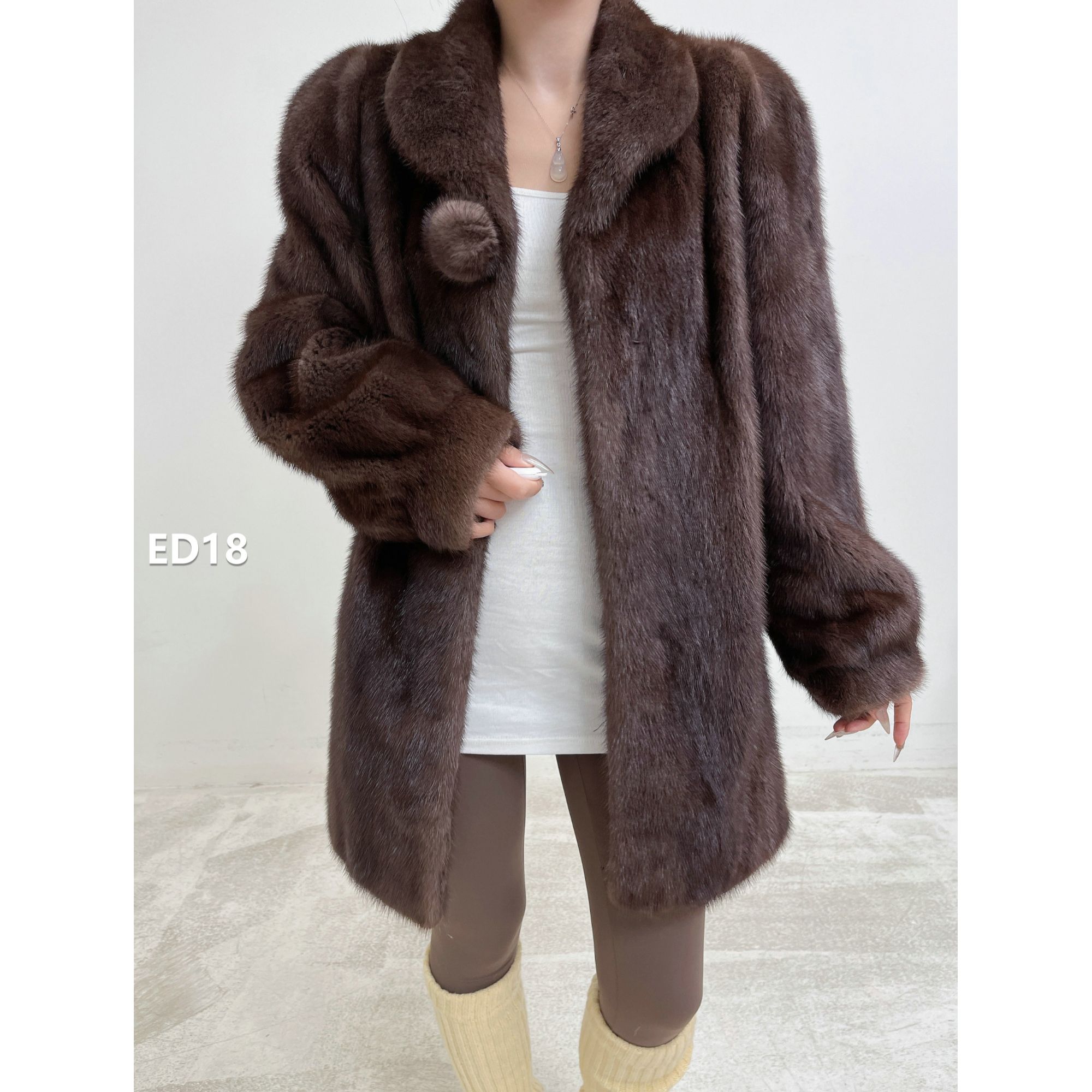 【ED18】M码 拿铁灰中长款全抽貂皮大衣中古皮草 青果领泡泡袖