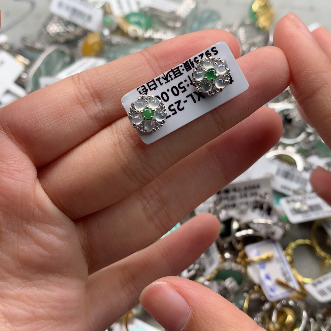 翡翠银S925镶嵌戒指耳钉