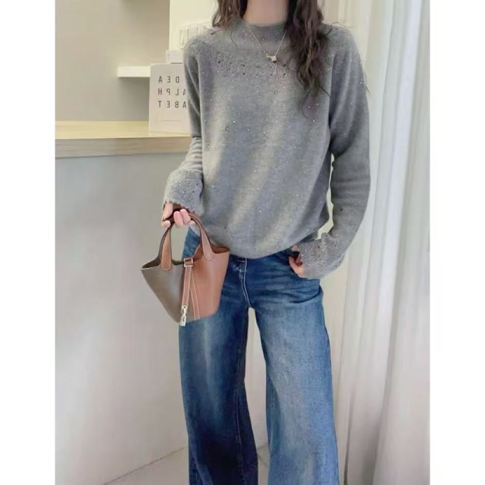 丽姐家~重工水钻针织长袖时尚百搭圆领秋冬气质镂空上衣