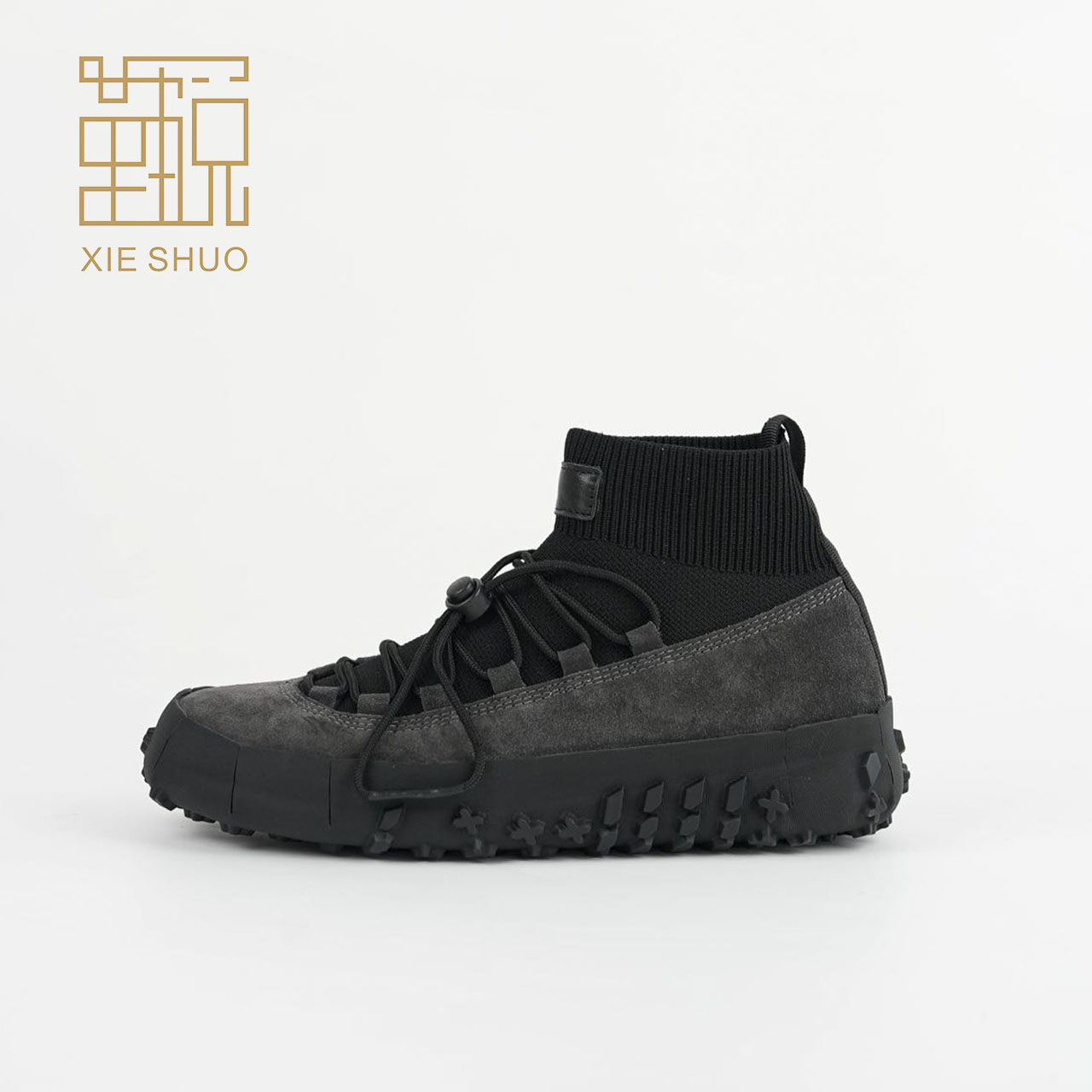 春秋休闲运动鞋小众运动袜鞋飞织拼接抽绳束口高帮厚底户外登山鞋