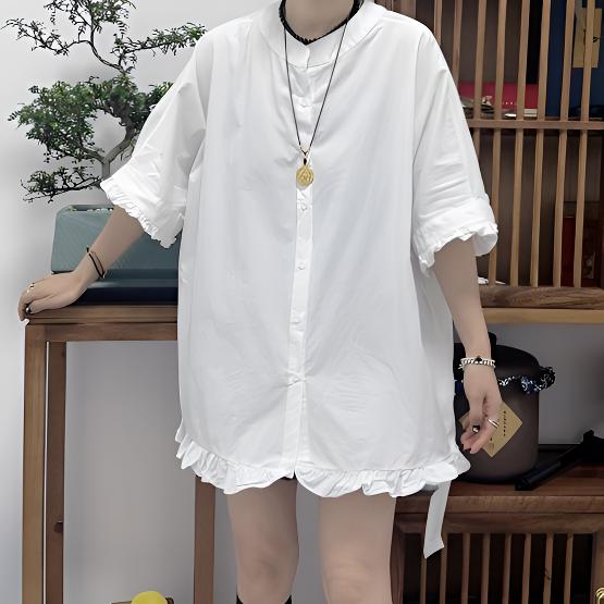 【芬芬姐精选】夏季宽松纯色设计感休闲圆领木耳边短袖气质衬衫潮流