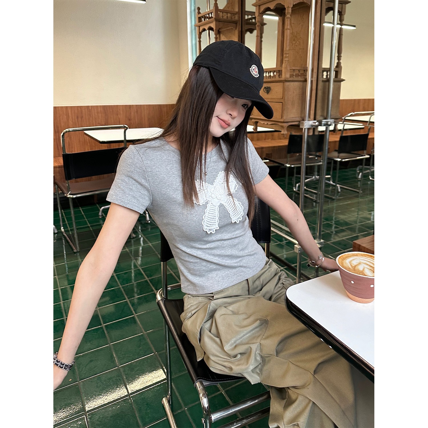 D YANGJUN 夏日ootd穿搭蝴蝶结刺绣正肩短袖T恤独特超好看上衣