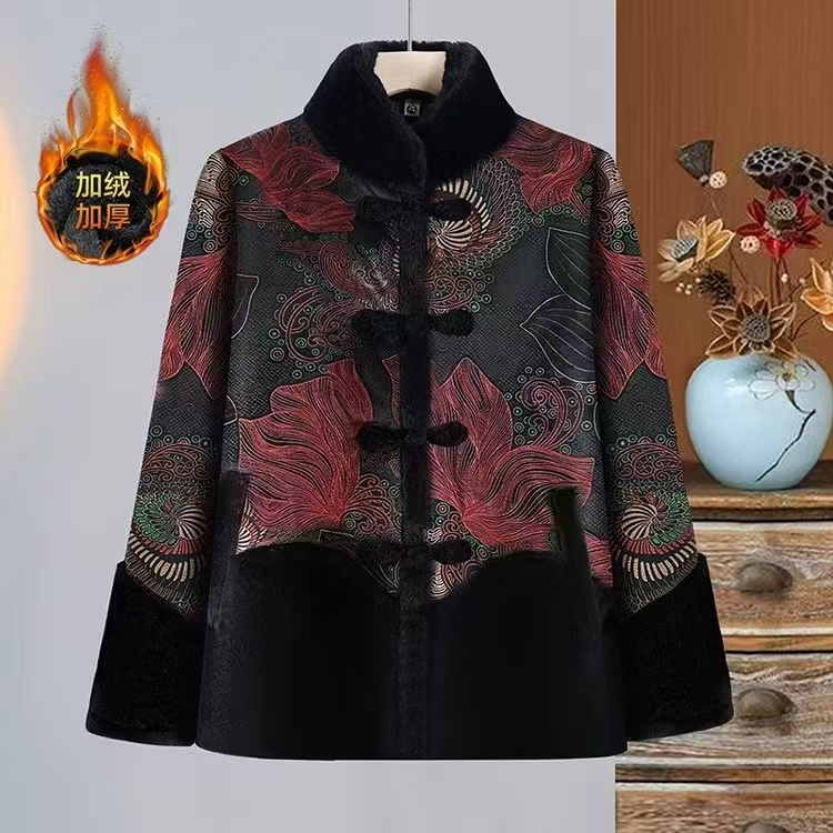 11732-皮毛加绒一体鎏金珐琅彩绘女装冬装外套妈妈衣服棉袄 佳磊