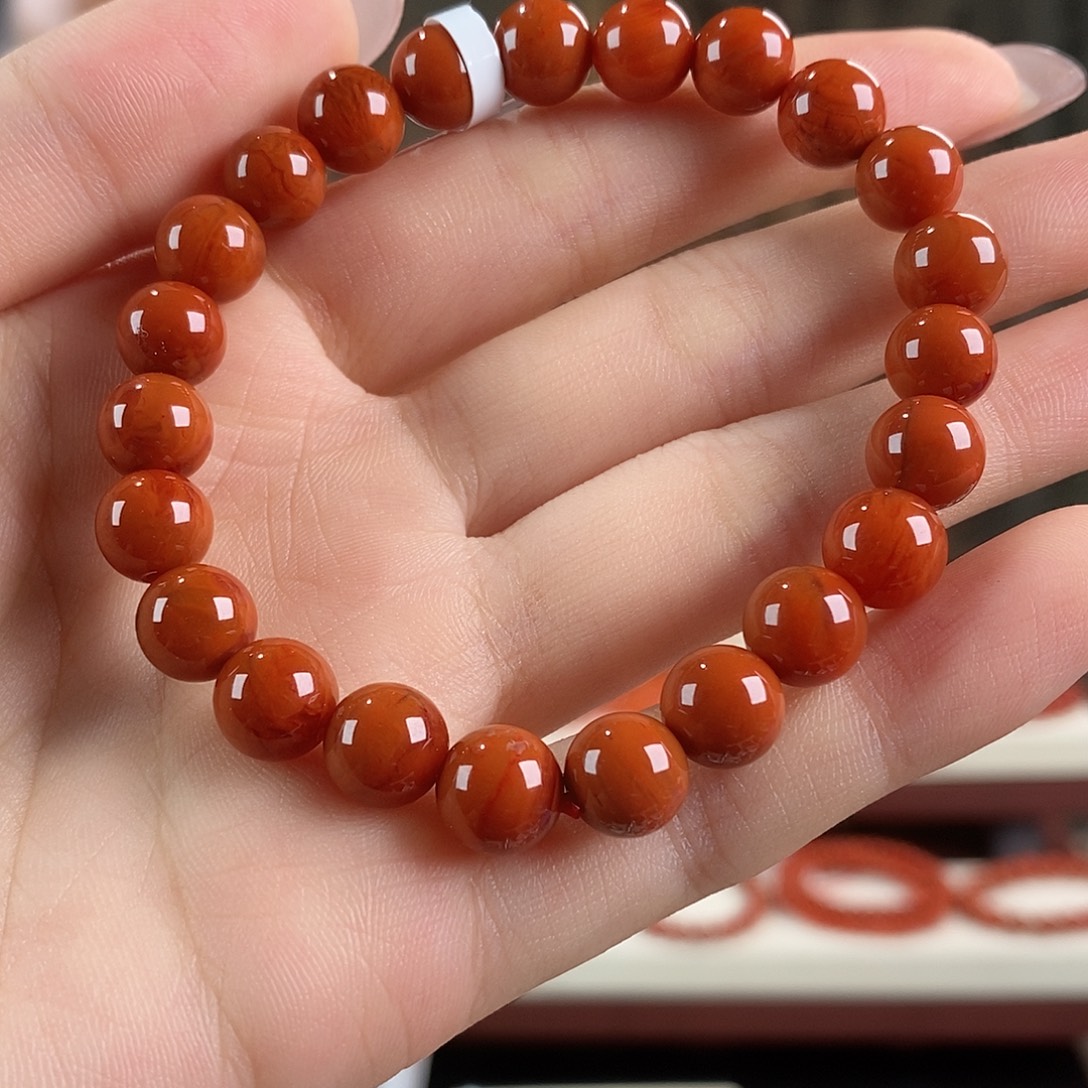 南红玛瑙未镶嵌手串原矿8mm 瓦西柿子红 满肉 高品