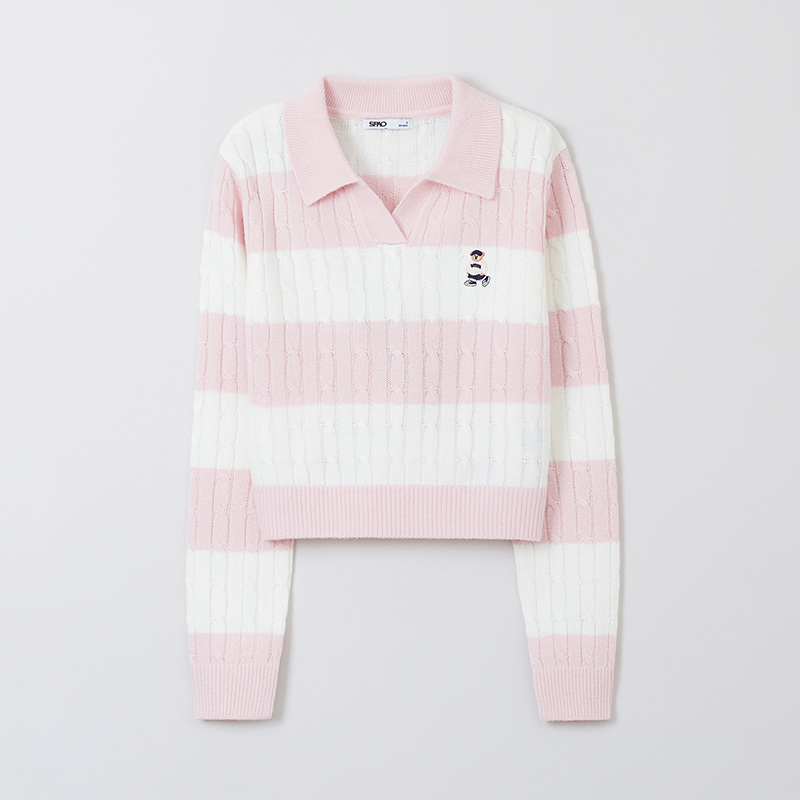 【WOODIE系列】SPAO韩国同款2025年航海系小熊条纹针织SPKWF12G51
