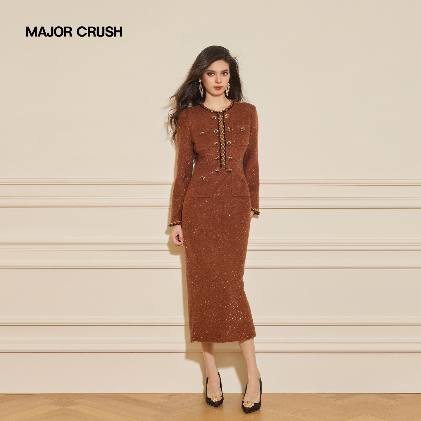 MAJOR CRUSH冬季新款棕金雅颂小香连衣裙复古修身收腰小香风7762