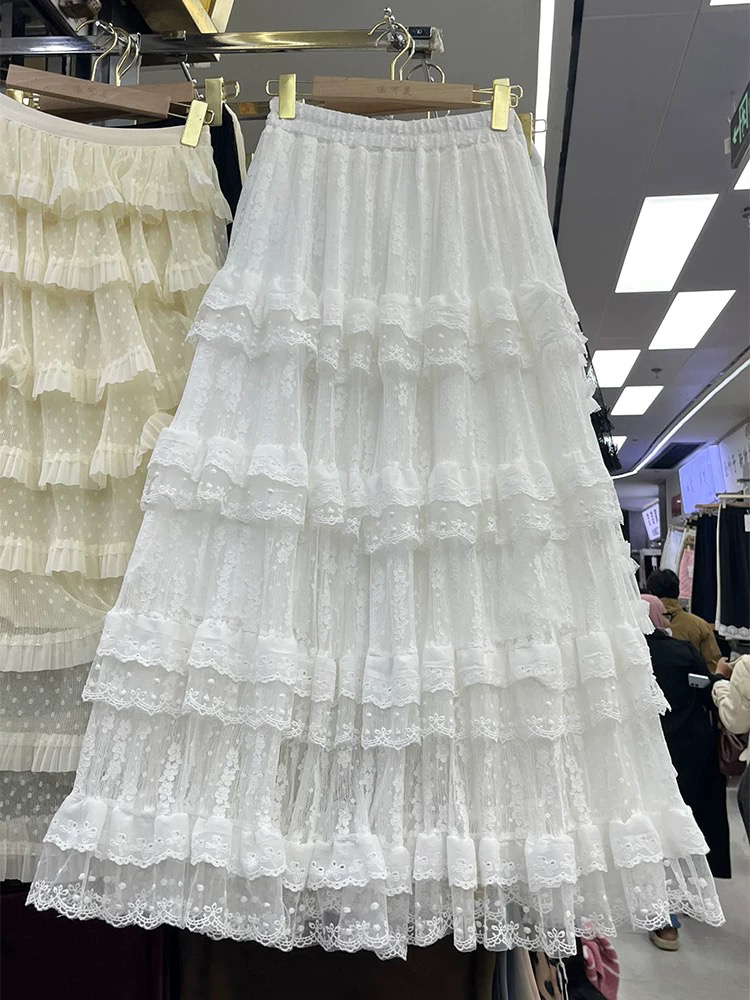 法式温柔风荷叶边蕾丝网纱拼接松紧腰中长裙半身裙半身长裙
