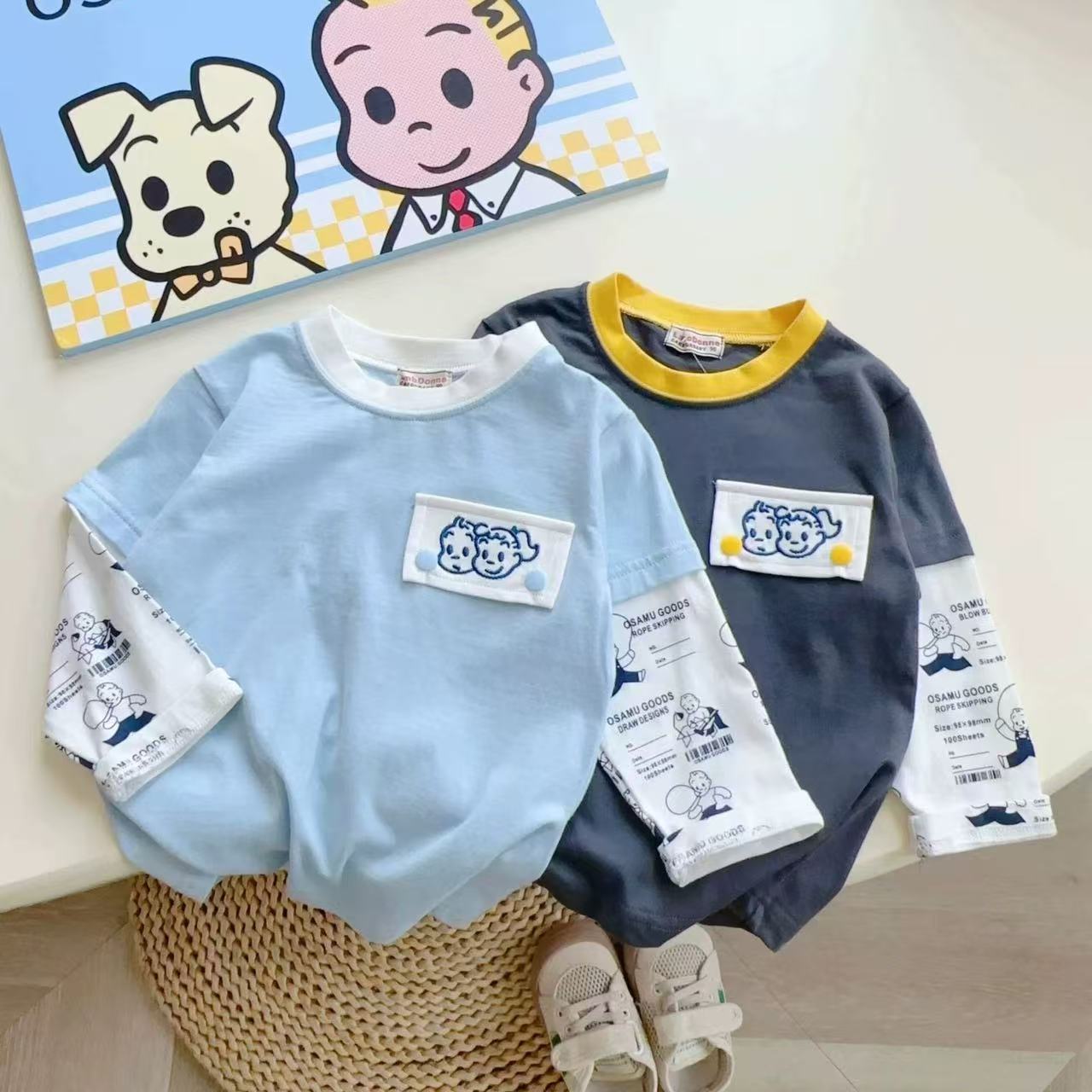 Hello  KIDS 春季爆款原田蓝色假两件T恤男女童