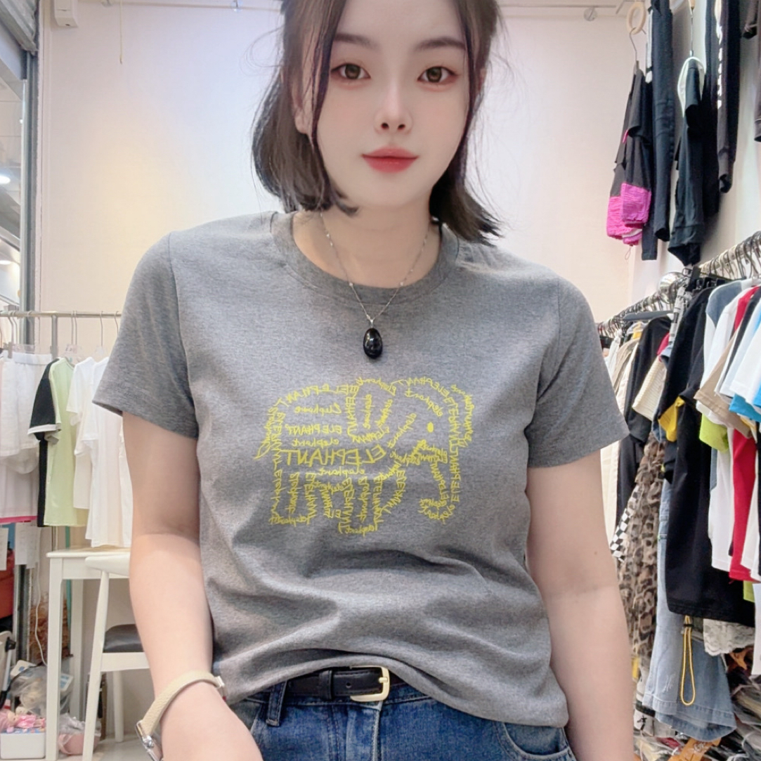 罗纹棉上衣大象新款圆领正肩弹力显瘦百搭减龄休闲风女t