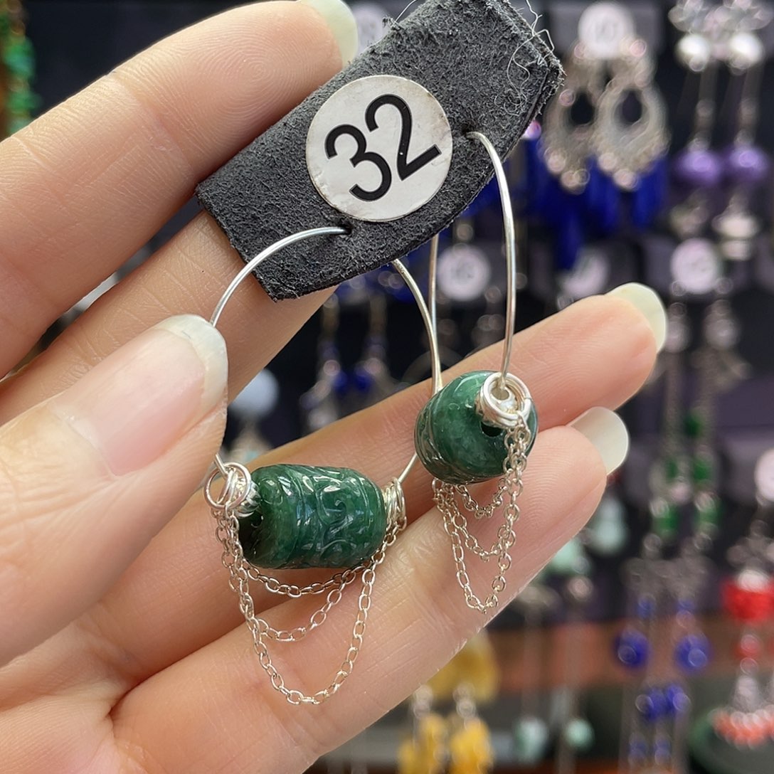 骏***古翡翠银S925镶嵌耳饰934hbggh