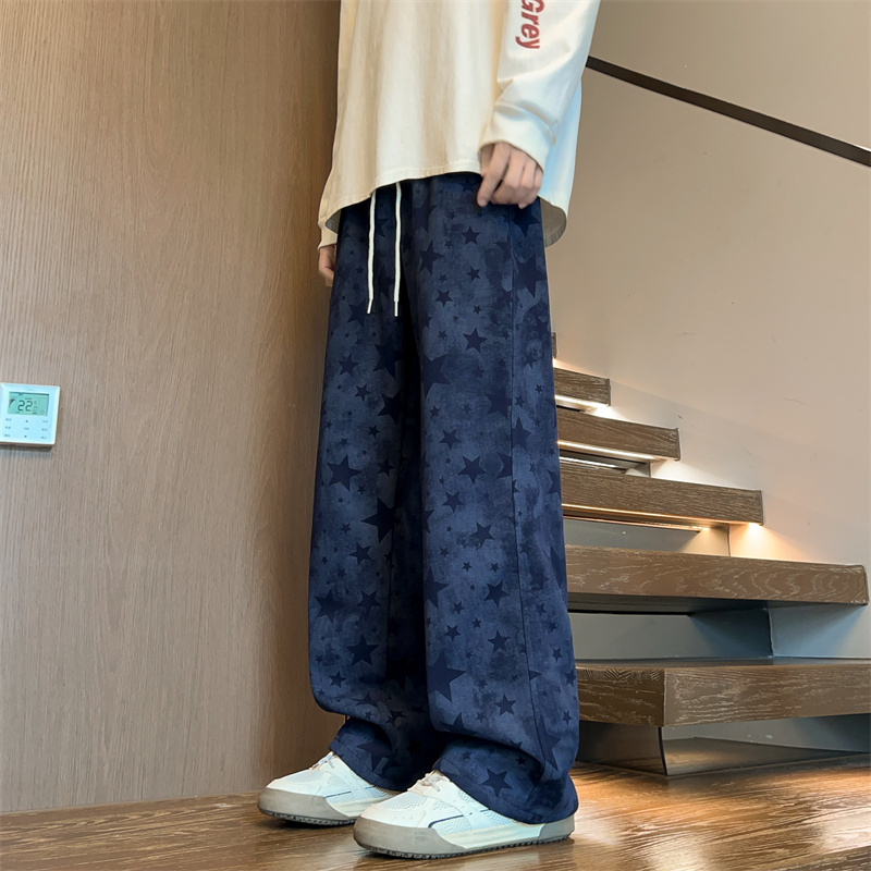 印花休闲裤男女星星加绒街头灰色高中生秋冬男士卫裤五角星直筒裤