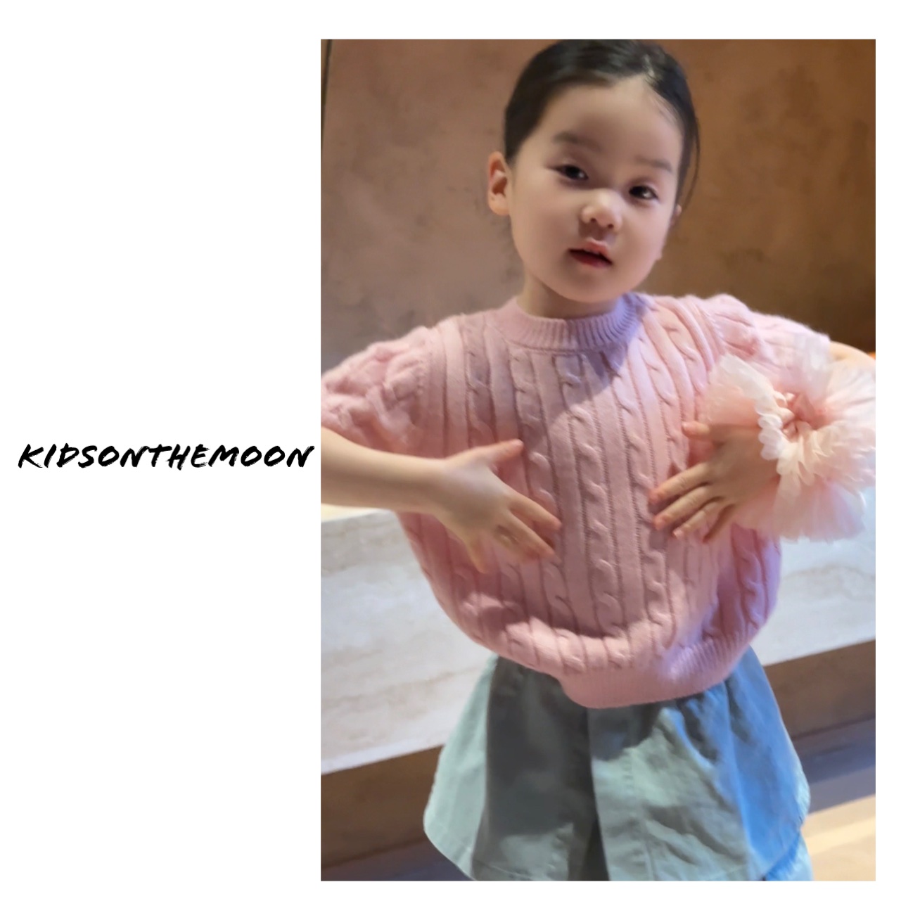 KidsOnTheMoon落日岛屿粉色针织短袖秋季宝宝衣服