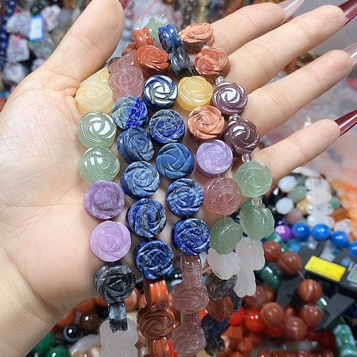玛瑙/玉髓未镶嵌珠宝半成品多宝双面雕刻玫瑰卡14mm.  15颗