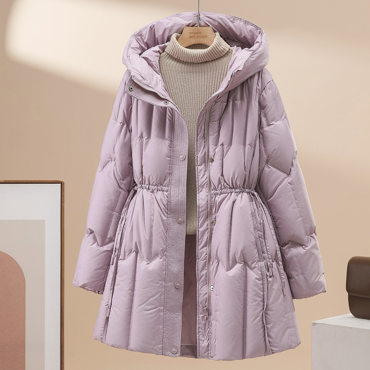 2025年冬季新款收腰显瘦加厚羽绒服女中长款90白鸭绒气质连帽外套