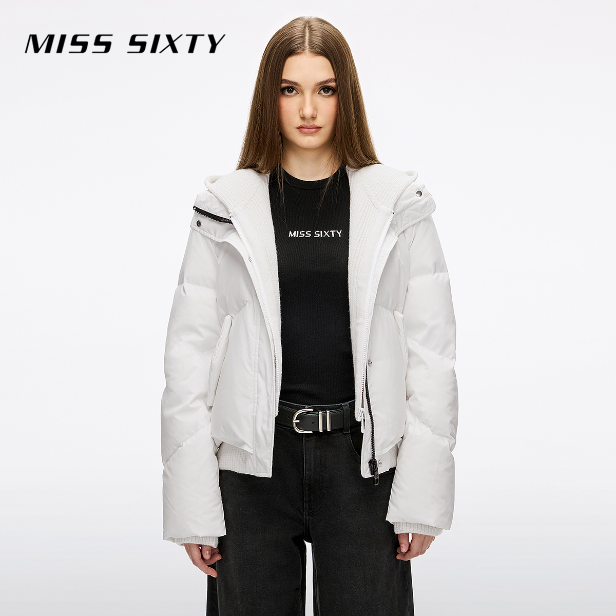 Miss Sixty2025冬季新款羽绒外套女可拆连帽毛织假两件拼接90鸭绒