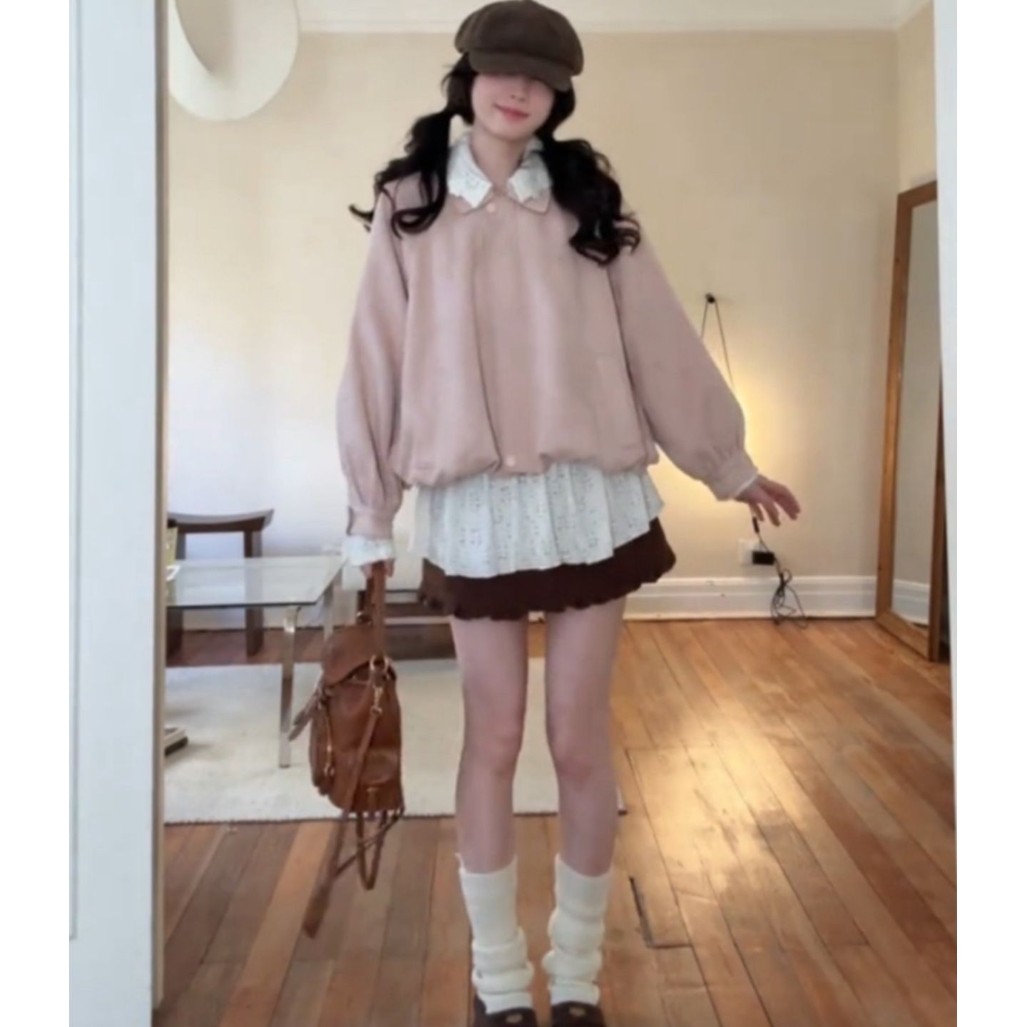 韩系粉色花边领麂皮花苞外套女秋季新款小个子甜美系通勤显瘦上衣