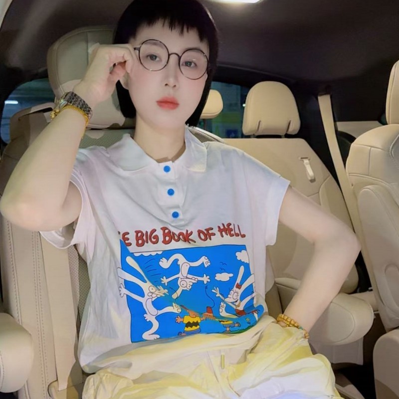 微胖MM慵懒风（三只兔子）上衣印花卡通翻领短袖时尚百搭宽松潮流