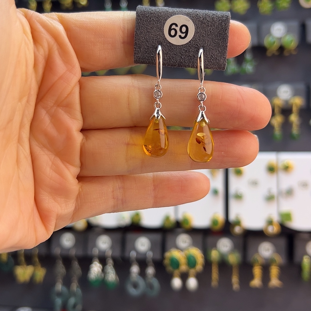 琥珀足银镶嵌耳饰通体纯银天然花珀耳钩