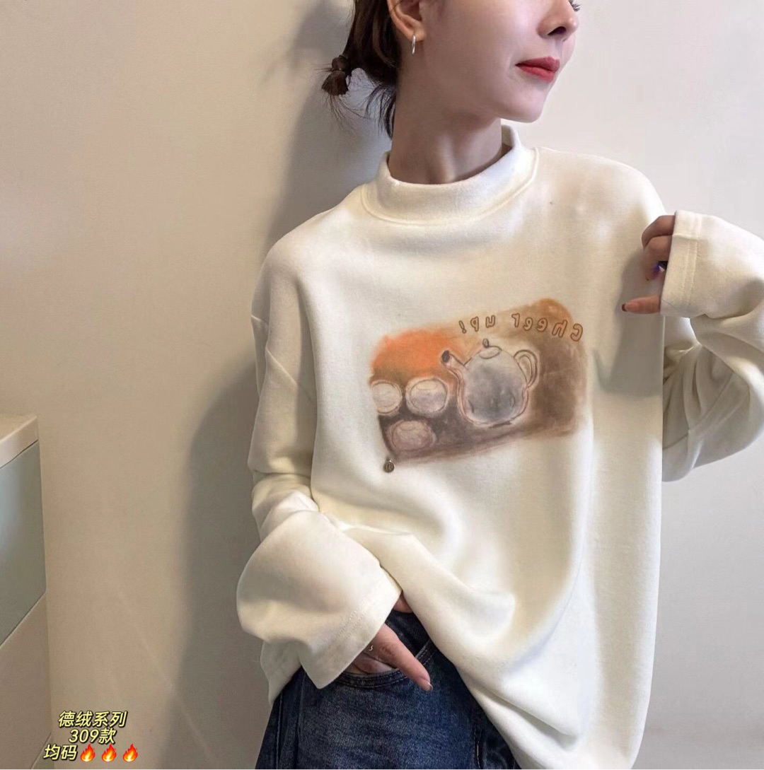 半高领磨毛德绒长袖T恤女秋冬新款百搭宽松保暖内搭上衣潮