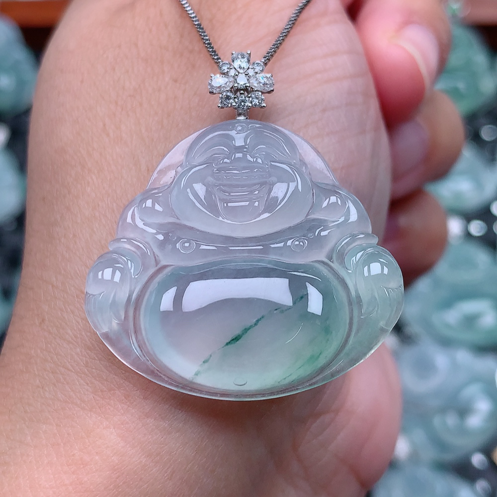 翡翠A货 18k金扣头冰种冰飘花佛公吊坠 尺寸29.5×32.2×6.1