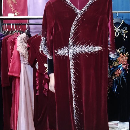 O***服酒红色金丝绒重工长款礼服连衣裙4xl和6xl